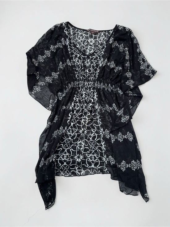 Mushbaby Sienna Rose Tops - Y2K Black White Sequin Abstract Scroll Tunic Sheer Flutter Sleeve Boho M